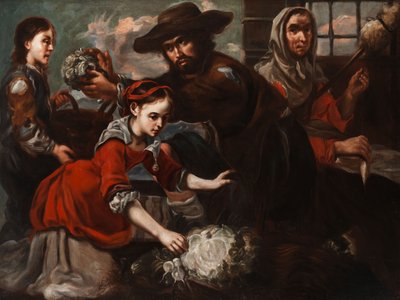 Market Scene with Young Cabbage Seller and an Old Spinner by Bernhard Keil
